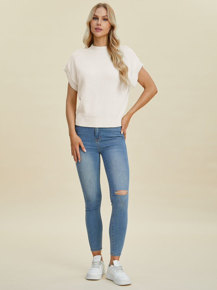 Double Take Full Size Mock Neck Short Sleeve Sweater - MyEmpired