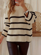 Striped Crew Neck Sweater, Elegant Waffle Knit Long Sleeve Sweater For Fall & Winter, Women&