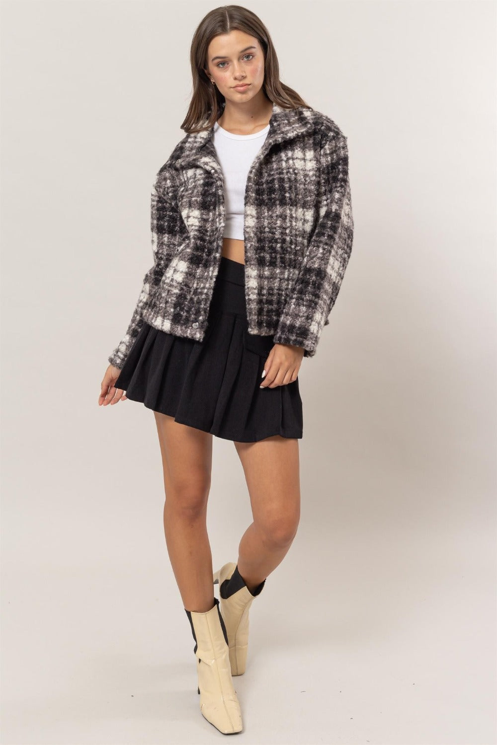 HYFVE Plaid Collared Neck Boucle Jacket with Pockets - MyEmpired