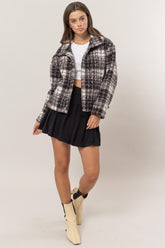 HYFVE Plaid Collared Neck Boucle Jacket with Pockets - MyEmpired