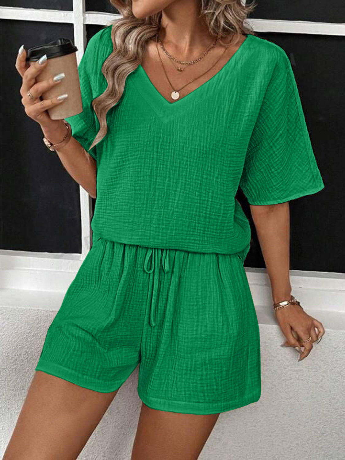 V-Neck Half Sleeve Top and Shorts Set - MyEmpired