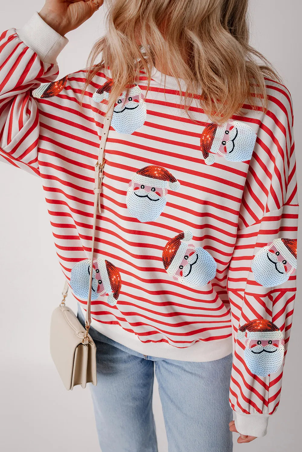 Sequin Santa Striped Round Neck Long Sleeve Sweatshirt - MyEmpired