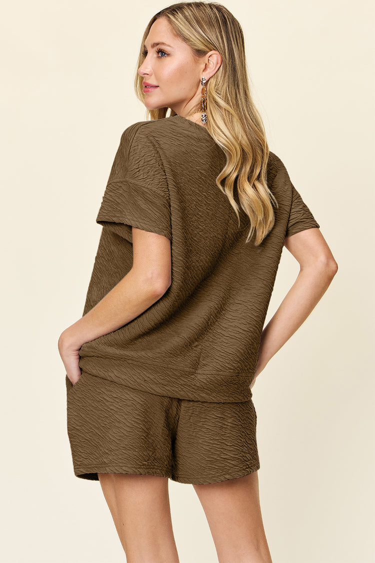Double Take Full Size Texture Short Sleeve T-Shirt and Drawstring Shorts Set - MyEmpired