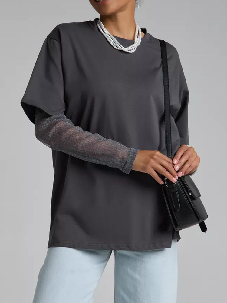 Faux Layered Round Neck Mesh Sleeve Top - MyEmpired