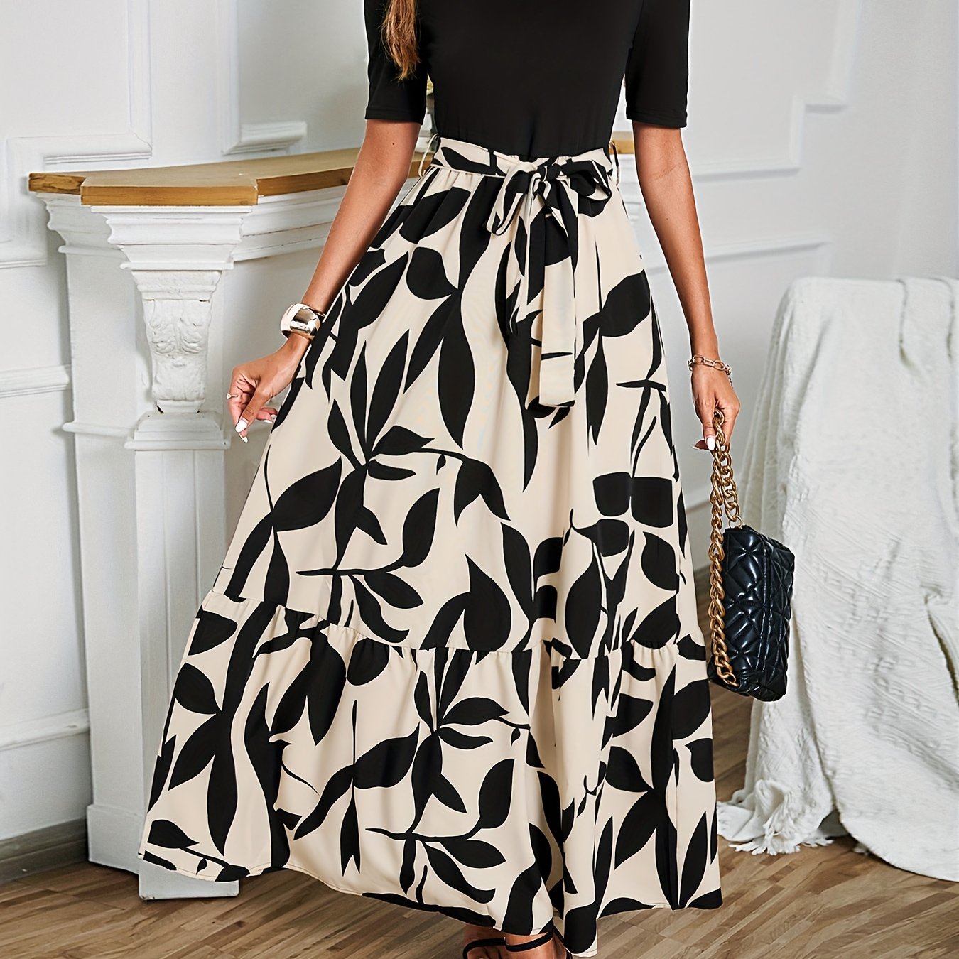 Plant Print Belted Splicing Dress, Elegant Crew Neck Short Sleeve Dress For Spring & Summer, Women&
