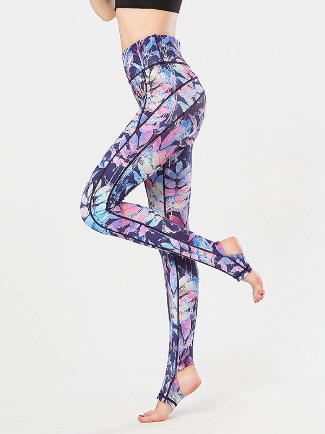 Printed Wide Waistband Active Leggings with Stirrups - MyEmpired