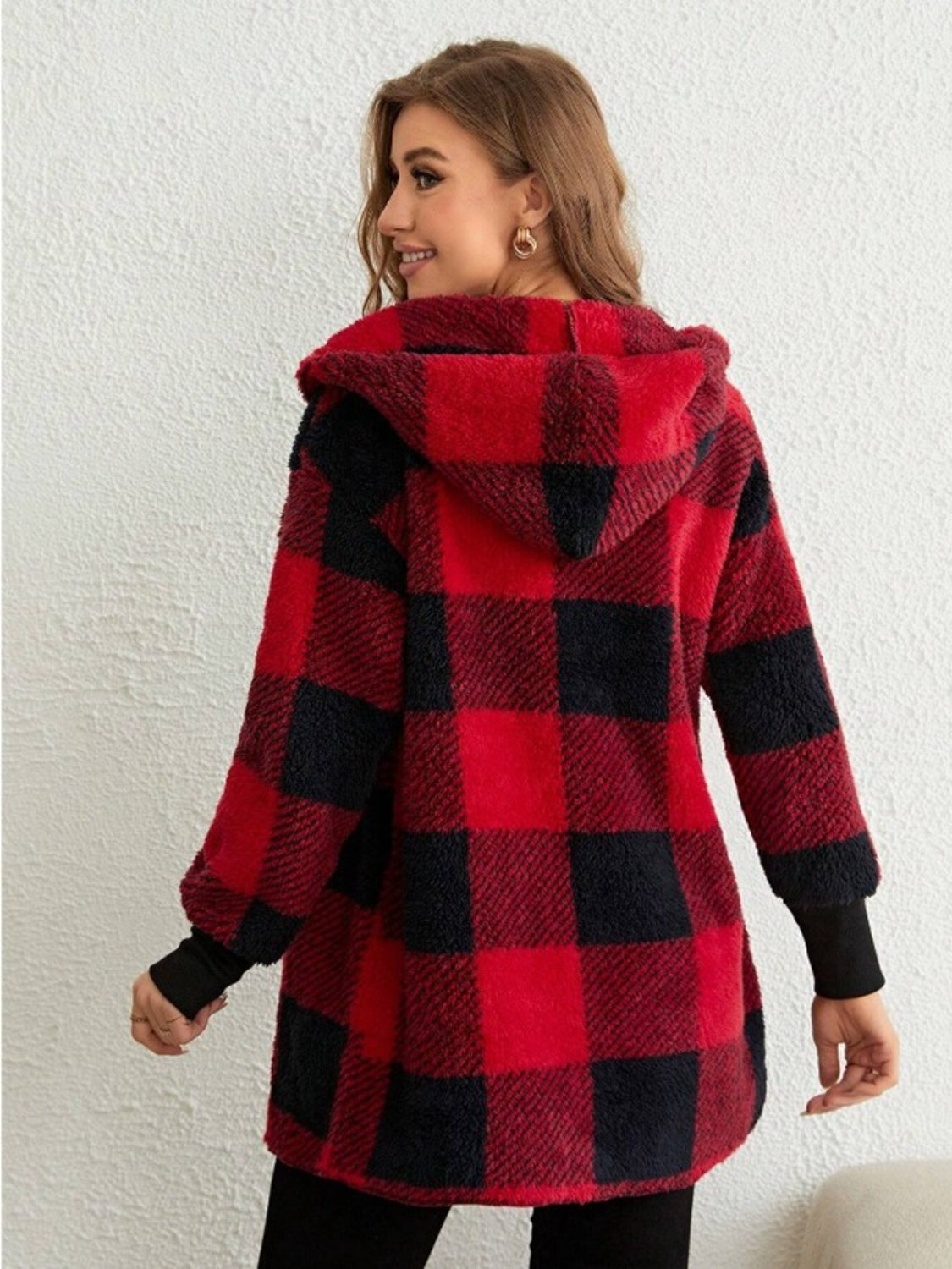 Plaid Long Sleeve Hooded Coat - MyEmpired