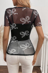 Bow Mesh Round Neck Short Sleeve T-Shirt - MyEmpired
