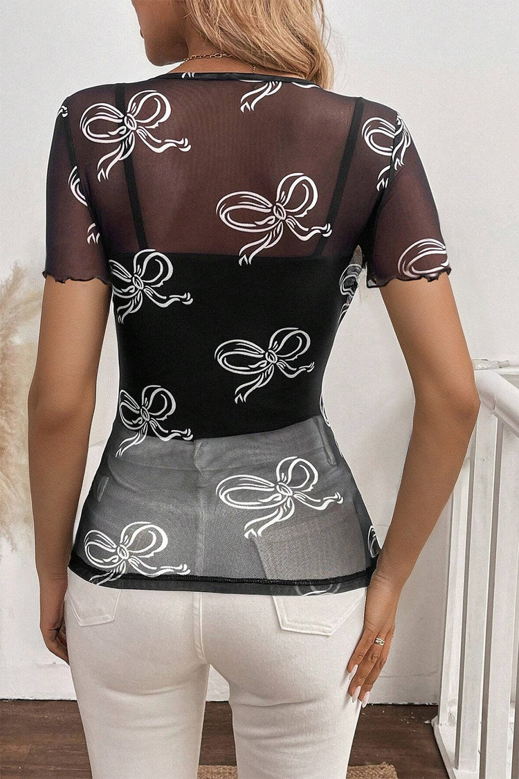 Bow Mesh Round Neck Short Sleeve T-Shirt - MyEmpired