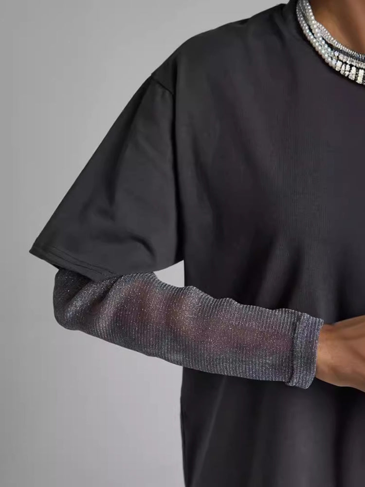 Faux Layered Round Neck Mesh Sleeve Top - MyEmpired