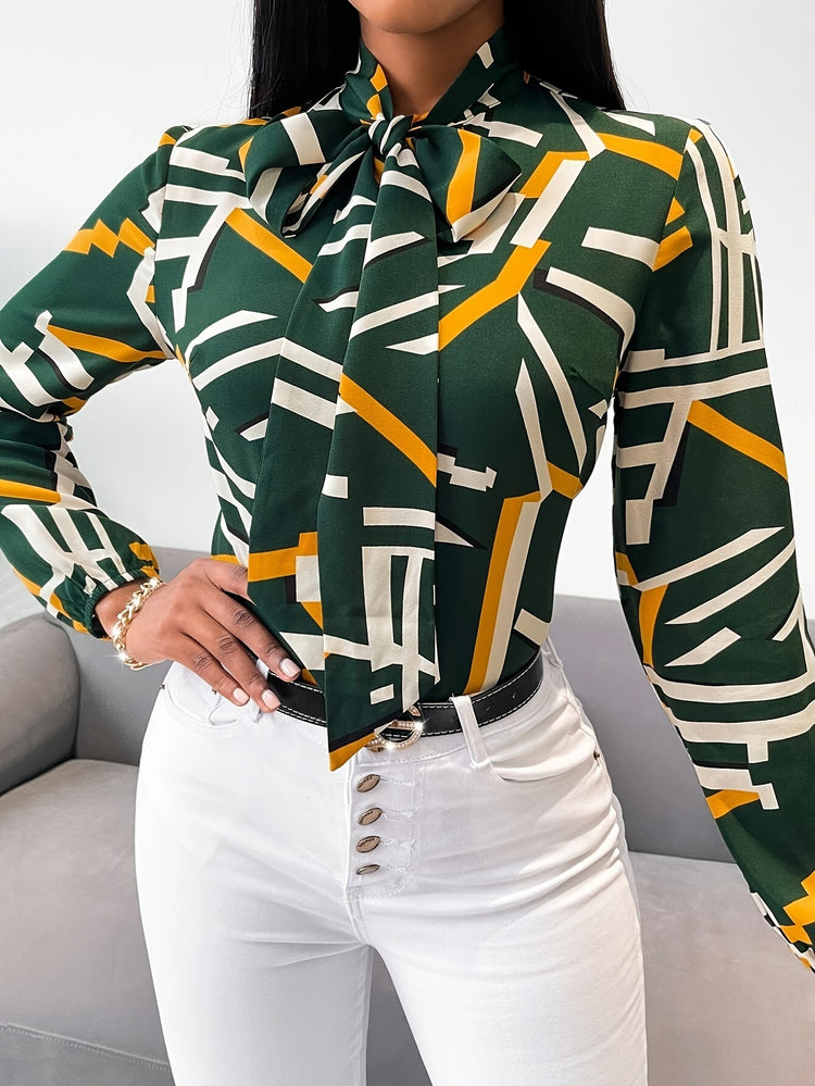 Geo Print Tie Neck Blouse - MyEmpired