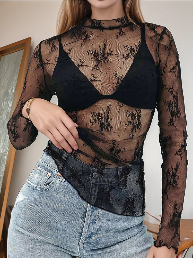 Floral Mock Neck Long Sleeve Mesh Top - MyEmpired