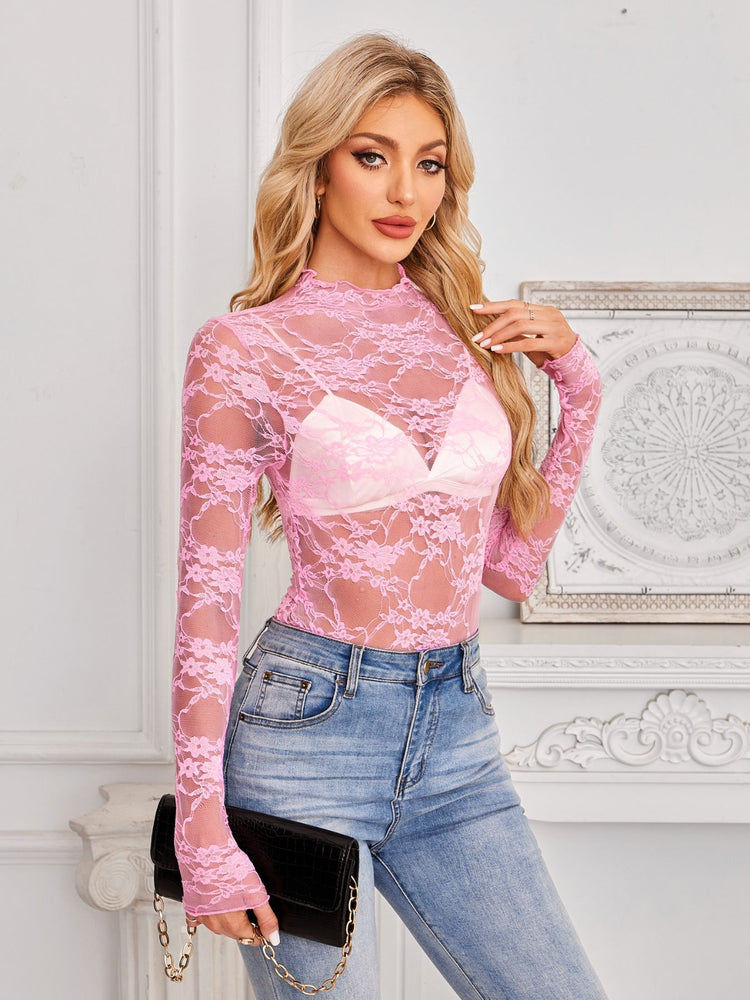 Mock Neck Long Sleeve Lace Sheer Top - MyEmpired