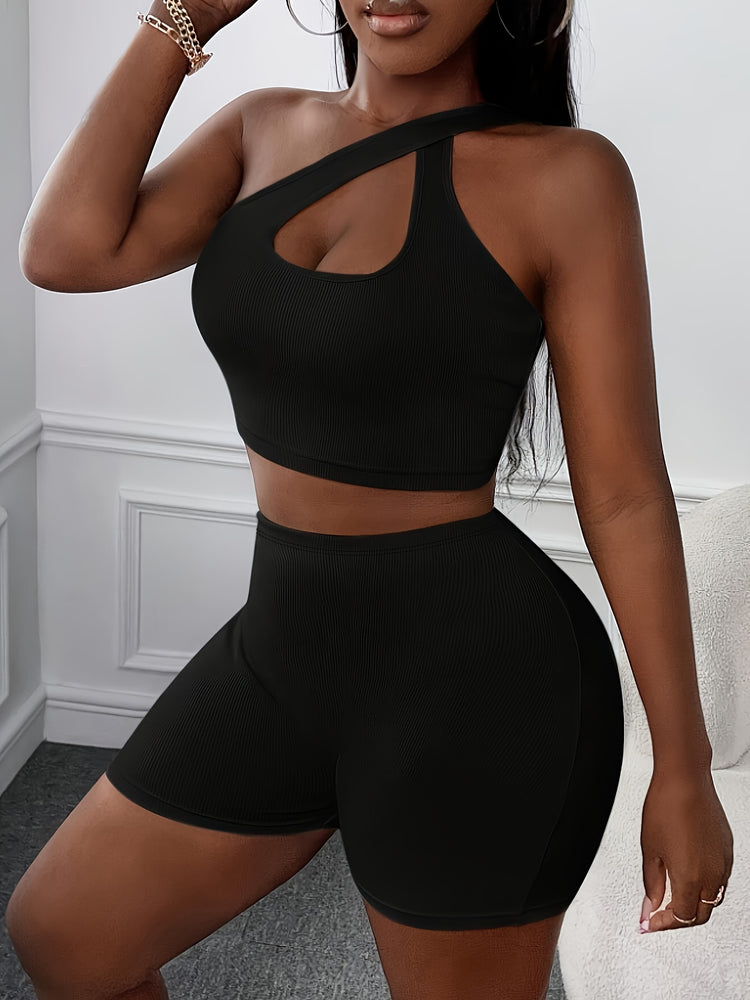Solid Slim Sexy Shorts Set, One Shoulder Asymmetrical Neck Backless Sleeveless Crop Top & High Waist Skinny Shorts Outfits, Women&