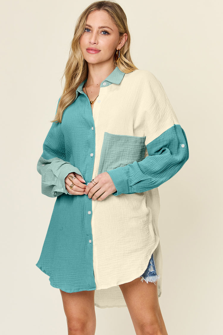 Double Take Full Size Pocketed Texture Button Up Shirt - MyEmpired