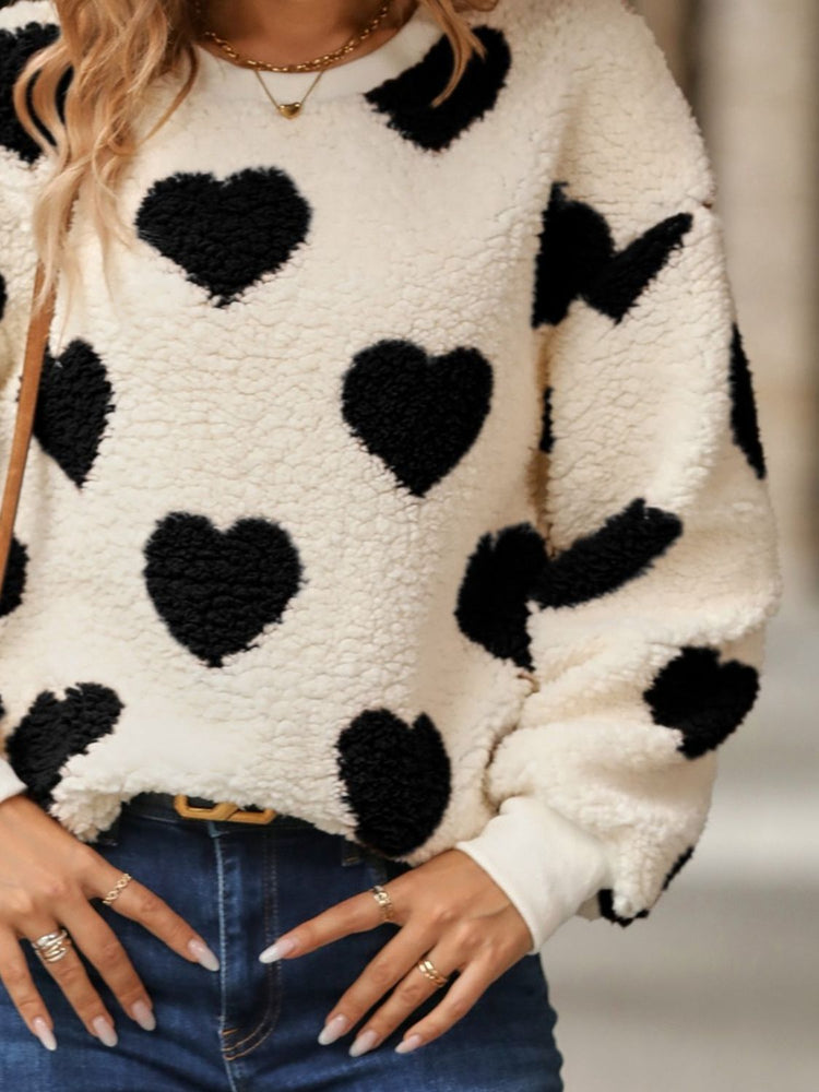 Fuzzy Heart Dropped Shoulder Sweatshirt - MyEmpired