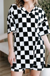 Checkerboard V Neck Loose Tee and Shorts Set - MyEmpired