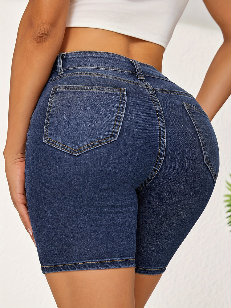 Plain Washed Blue Whiskering Denim Shorts, Slash Pocket Stretchy Denim Shorts, Women&