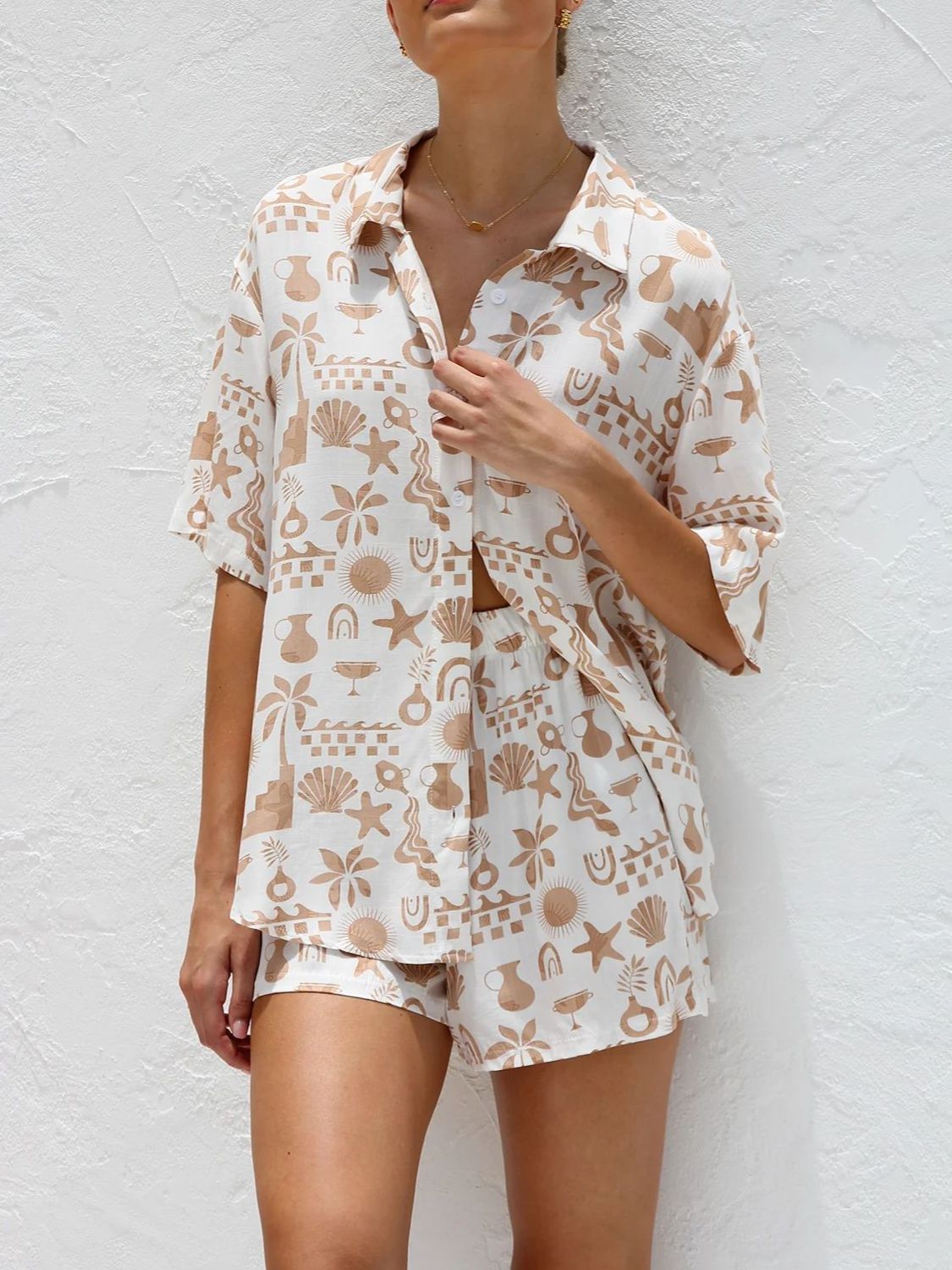 Printed Button Down Short Sleeve Top and Shorts Set - MyEmpired