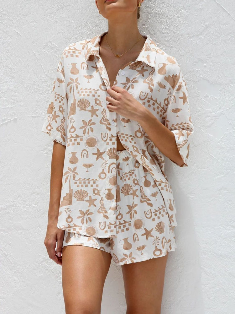 Printed Button Down Short Sleeve Top and Shorts Set - MyEmpired