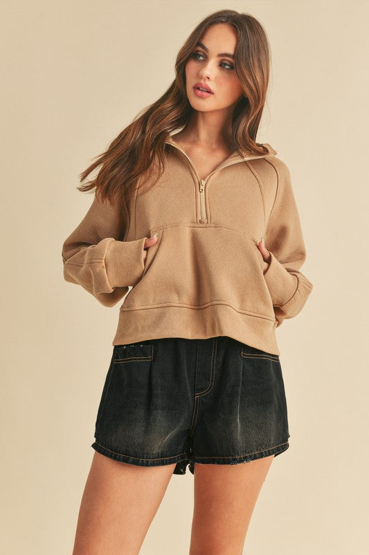Aemi + Co Half Zip Raglan Sleeve Hoodie with Kangaroo Pocket - MyEmpired