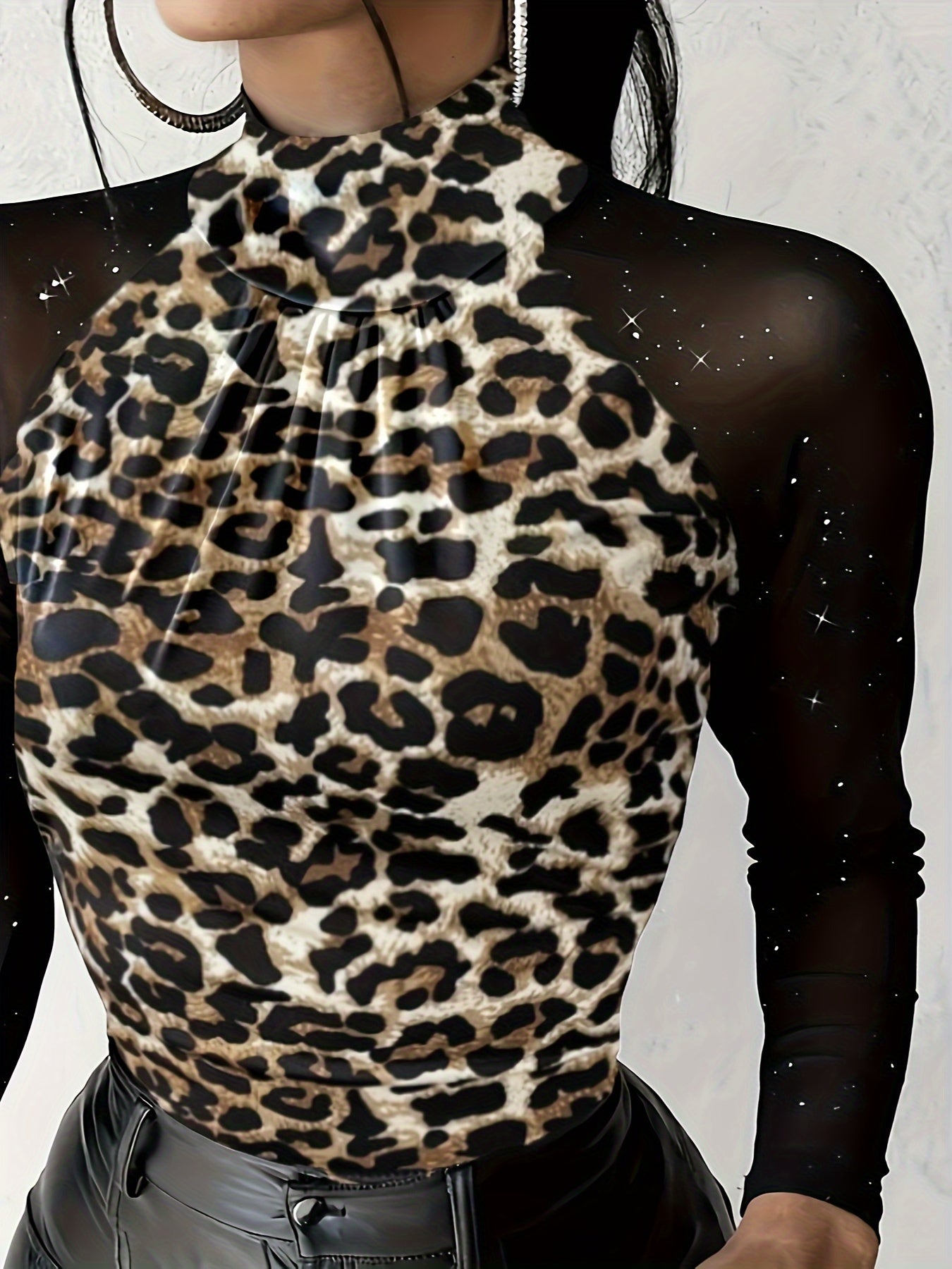 Elegant Starry Sky Sequin Embellished High Neck Sheer Mesh,Skinny Fit Long Sleeve Knit Polyester Top - All Season Elegant Collection - MyEmpired