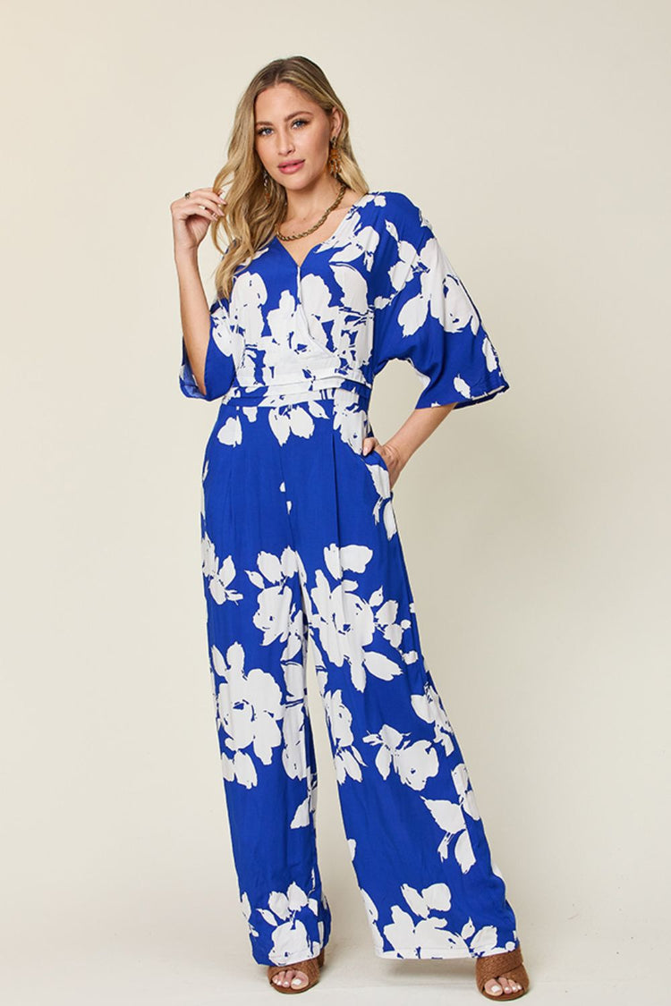 Double Take Full Size Printed Tie Back Wide Leg Jumpsuit - MyEmpired
