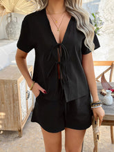 Devine Tied V-Neck Short Sleeve Top and Shorts Set - MyEmpired