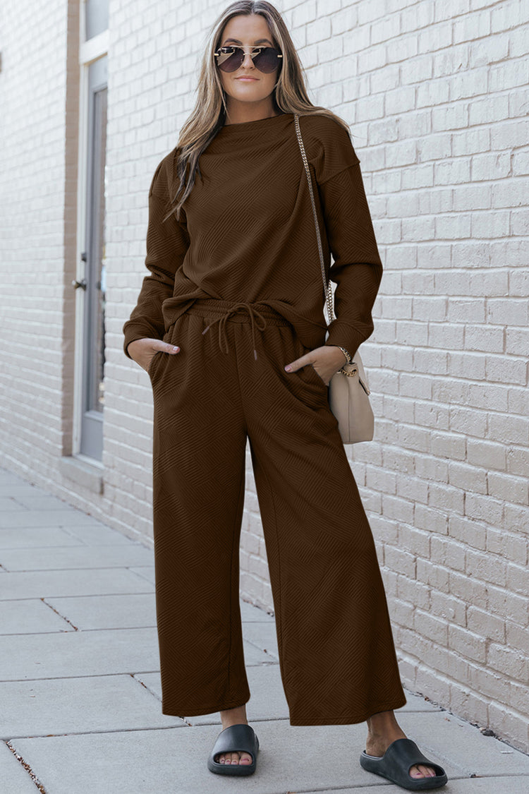 Double Take Full Size Textured Long Sleeve Top and Drawstring Pants Set - MyEmpired