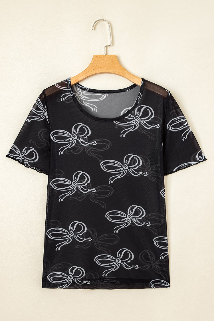 Bow Mesh Round Neck Short Sleeve T-Shirt - MyEmpired