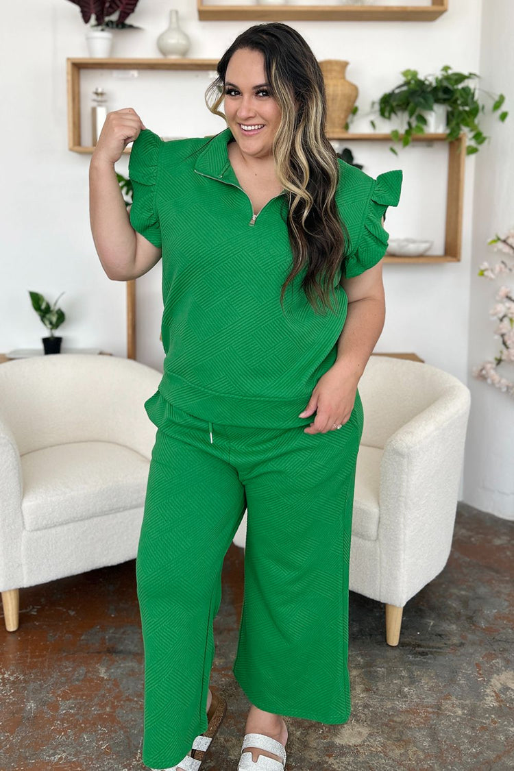 Double Take Texture Ruffle Short Sleeve Top and Drawstring Wide Leg Pants Set - MyEmpired