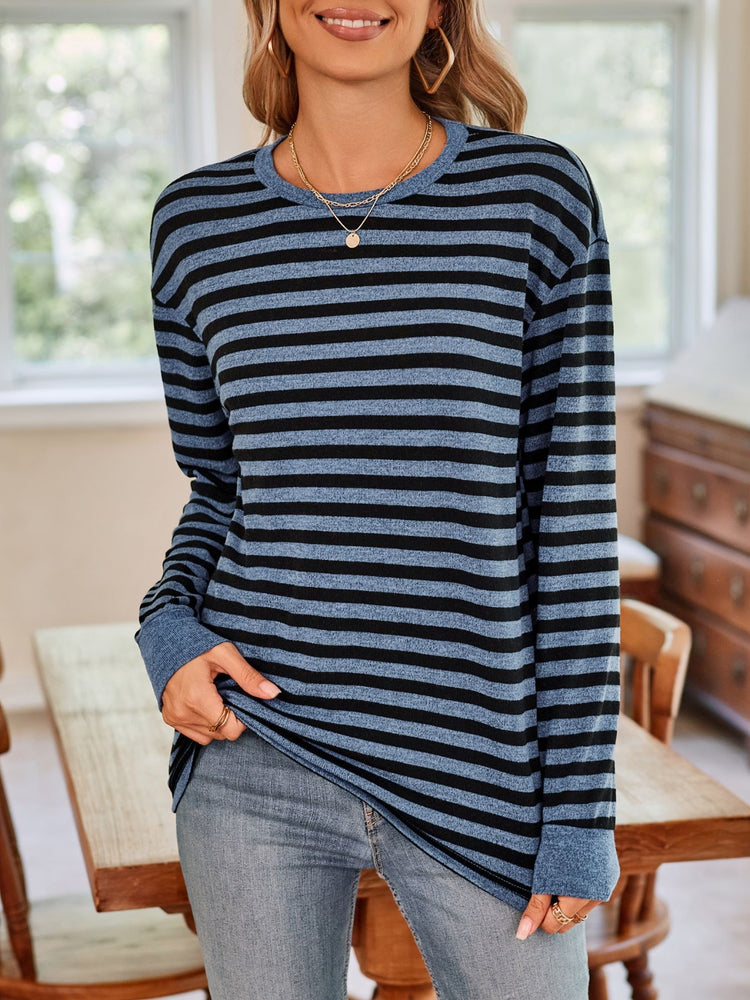 Lovelet Striped Round Neck Long Sleeve T-Shirt - MyEmpired