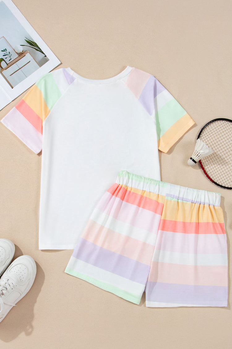 Rainbow Striped Round Neck T Shirt and Shorts Lounge Set - MyEmpired