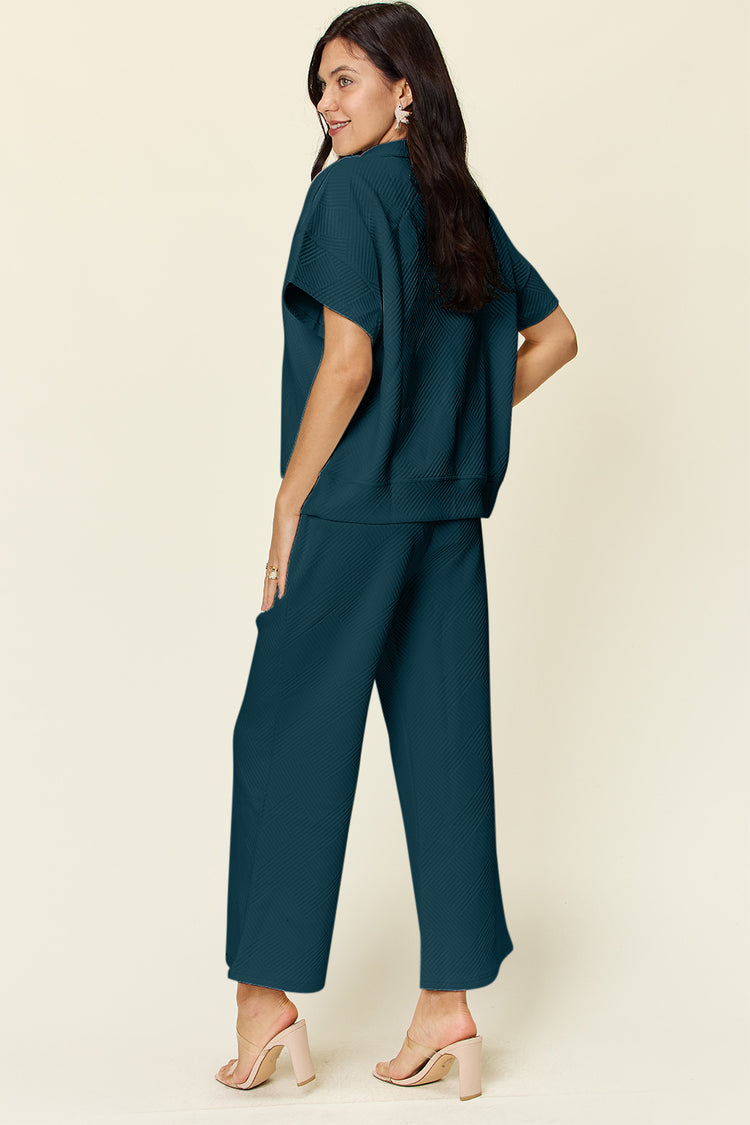 Double Take Full Size Texture Half Zip Short Sleeve Top and Pants Set - MyEmpired