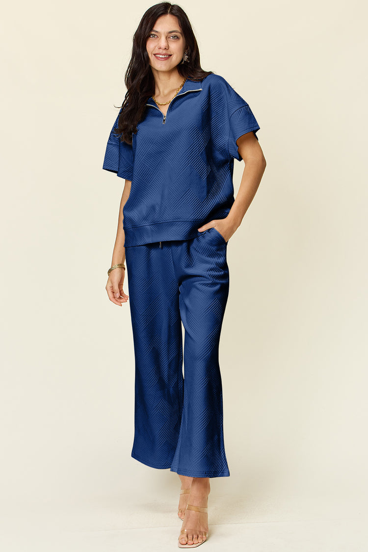 Double Take Full Size Texture Half Zip Short Sleeve Top and Pants Set - MyEmpired