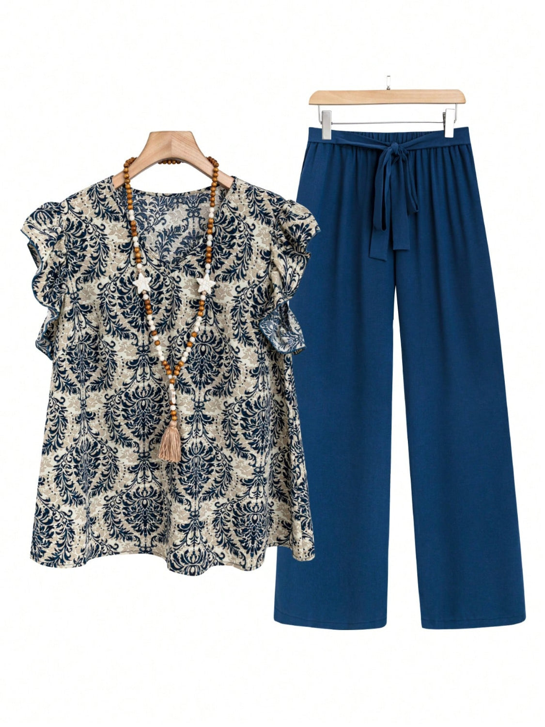 Printed Ruffled Cap Sleeve Top and Pants Set - MyEmpired