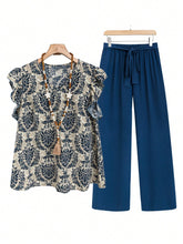 Printed Ruffled Cap Sleeve Top and Pants Set - MyEmpired