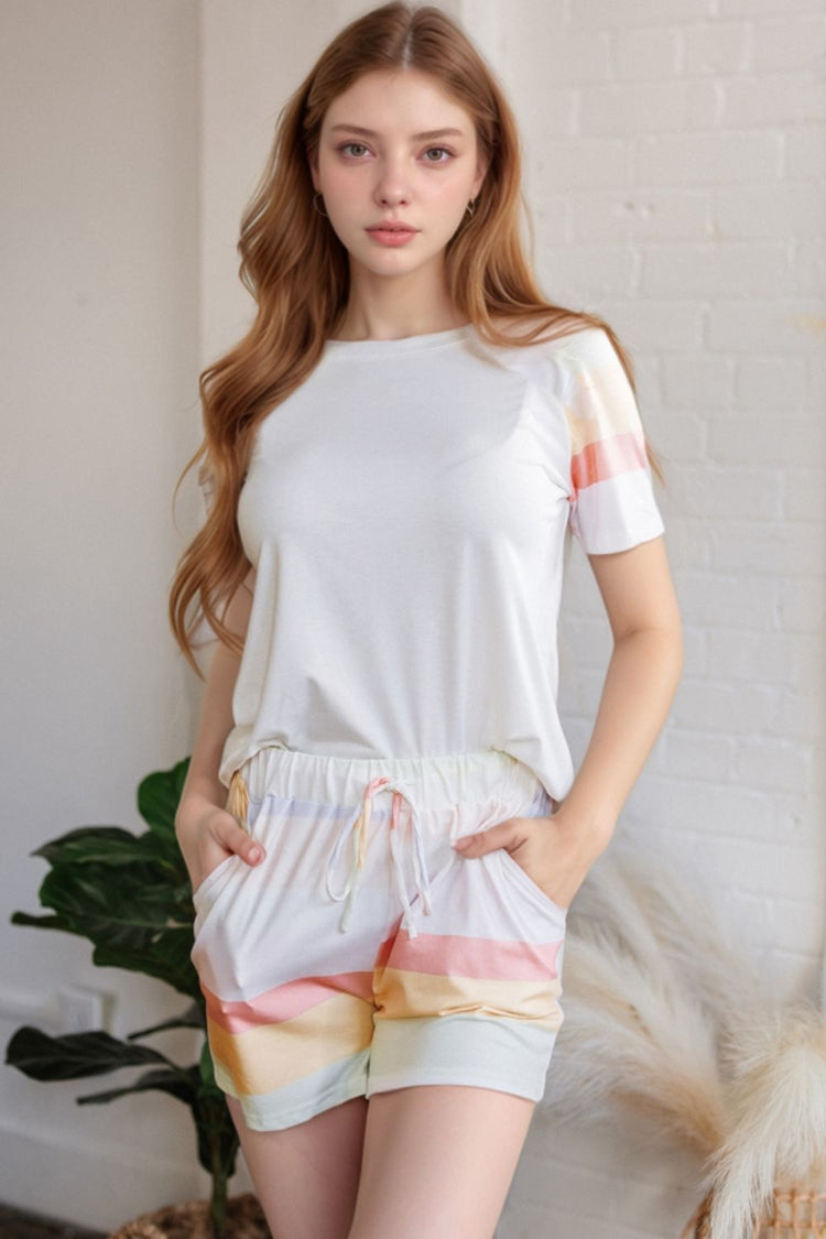 Rainbow Striped Round Neck T Shirt and Shorts Lounge Set - MyEmpired