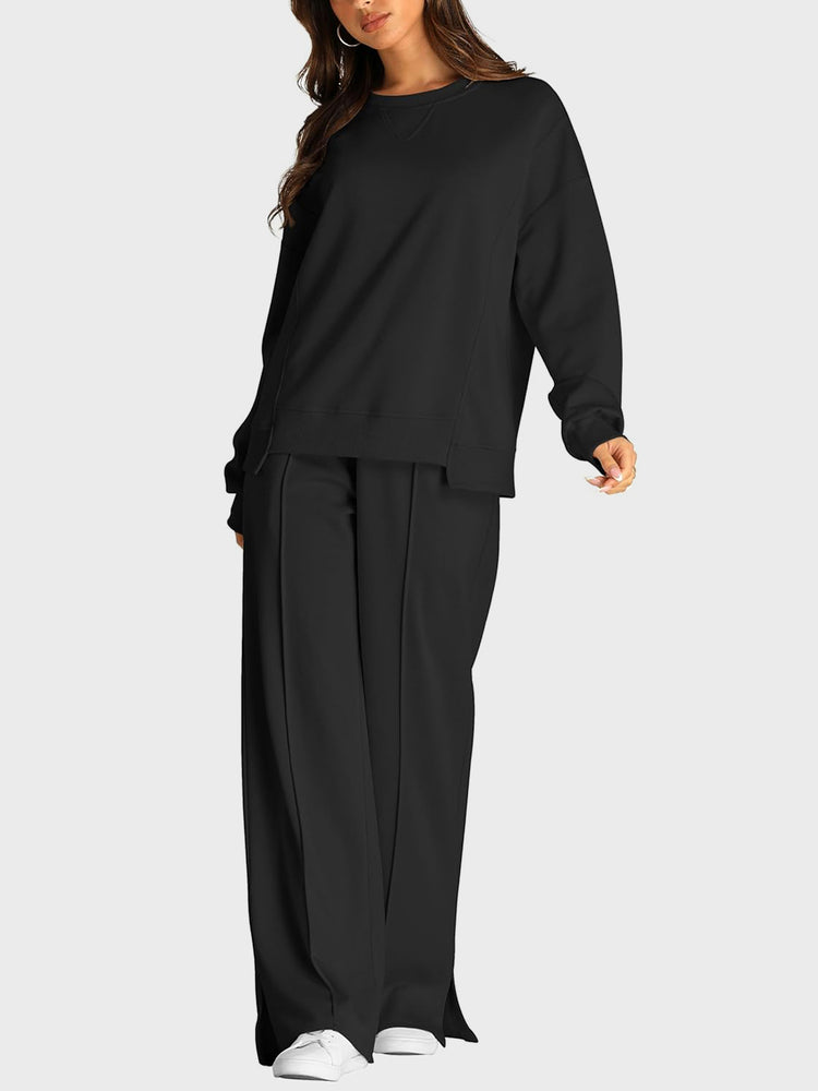 Round Neck Long Sleeve Top and Slit Pants Set - MyEmpired