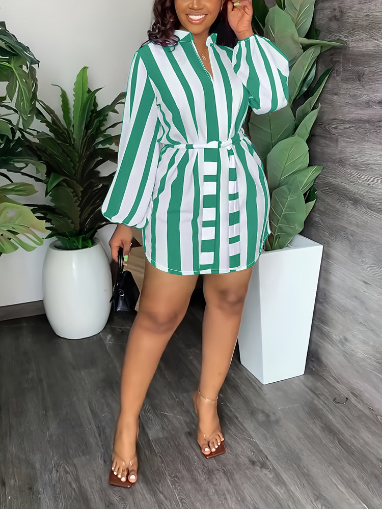 Striped Print Lantern Sleeve Dress, Casual Tie-waist Notch Neck Dress, Women&