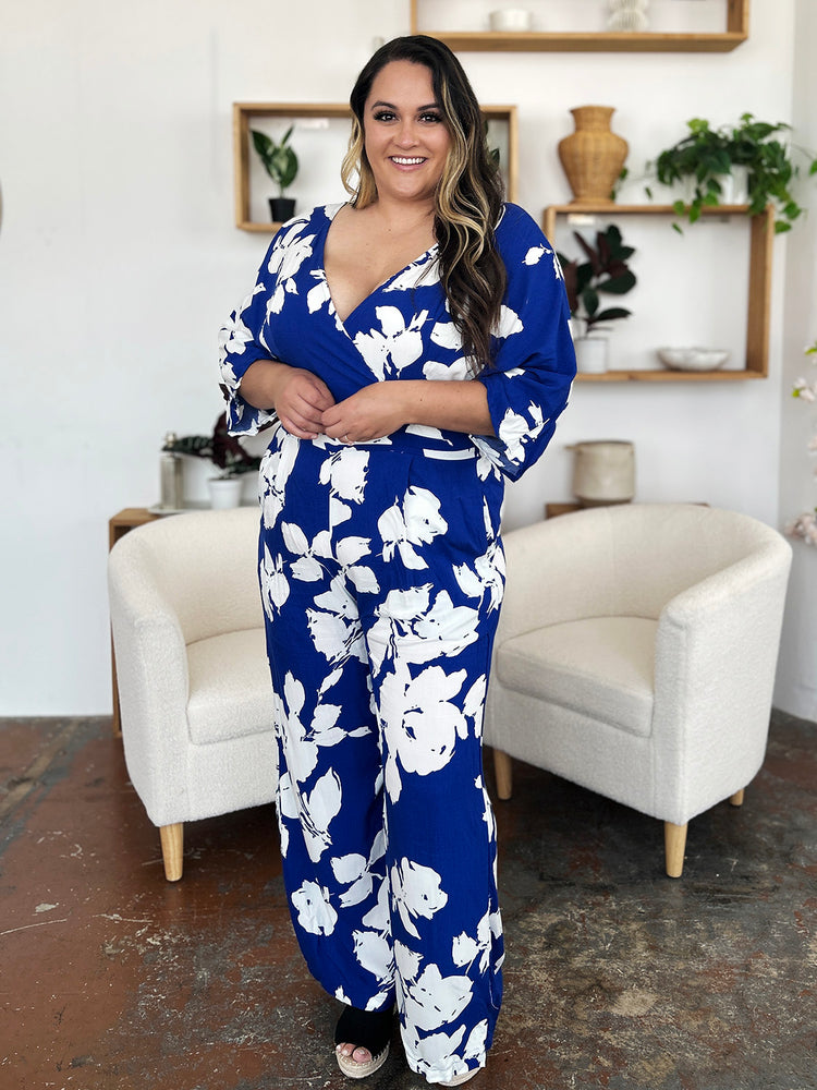 Double Take Full Size Printed Tie Back Wide Leg Jumpsuit - MyEmpired