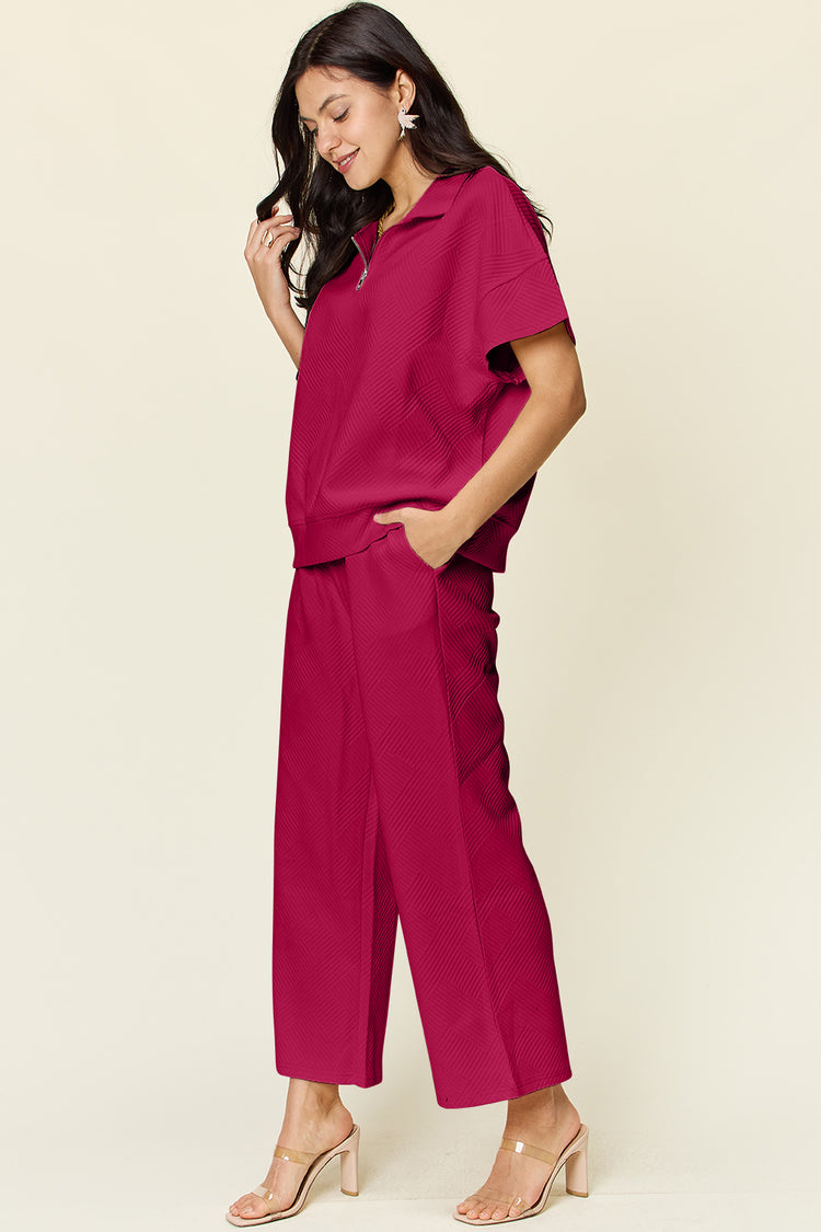 Double Take Full Size Texture Half Zip Short Sleeve Top and Pants Set - MyEmpired
