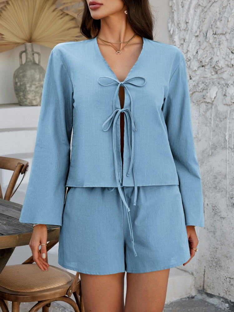 Devine Double Tied V-Neck Top and Shorts Set - MyEmpired