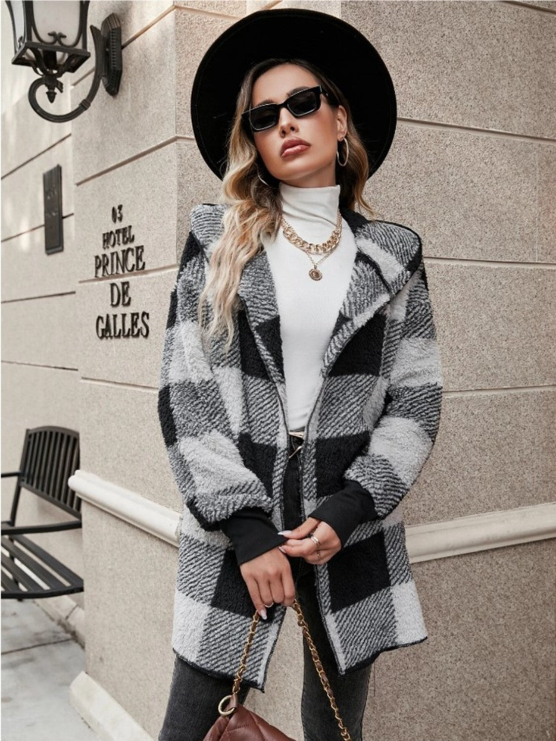 Plaid Long Sleeve Hooded Coat - MyEmpired