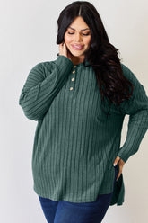 Basic Bae Full Size Ribbed Half Button Long Sleeve High-Low T-Shirt - MyEmpired