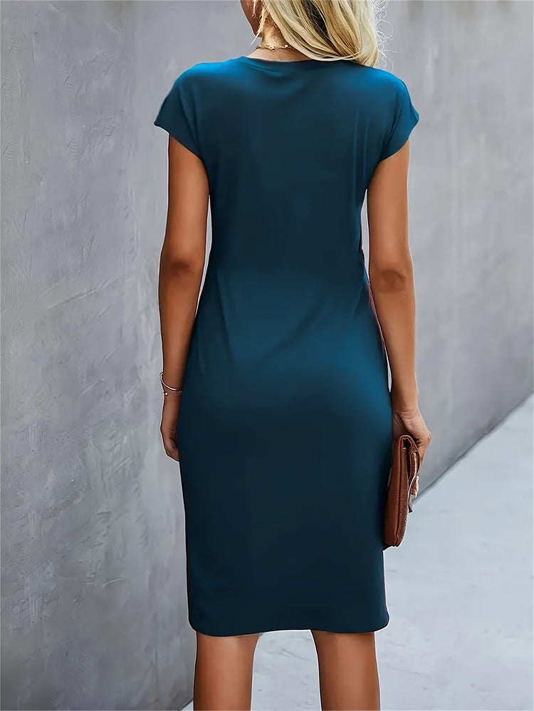 Twist Front Crew Neck Solid Dress - MyEmpired