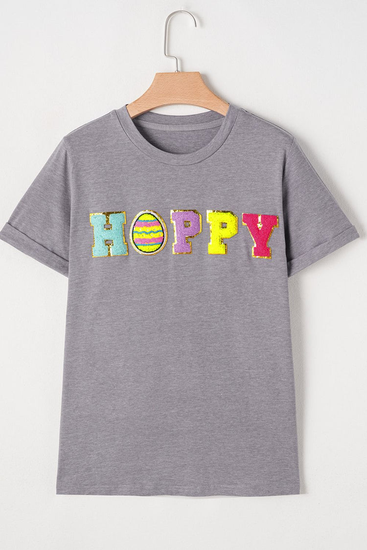 HOPPY Chenille Patch Round Neck Short Sleeve T-Shirt - MyEmpired