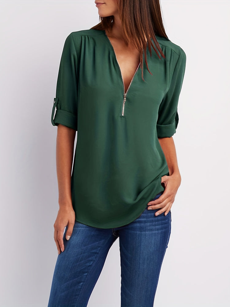 Solid V Neck Blouse - MyEmpired