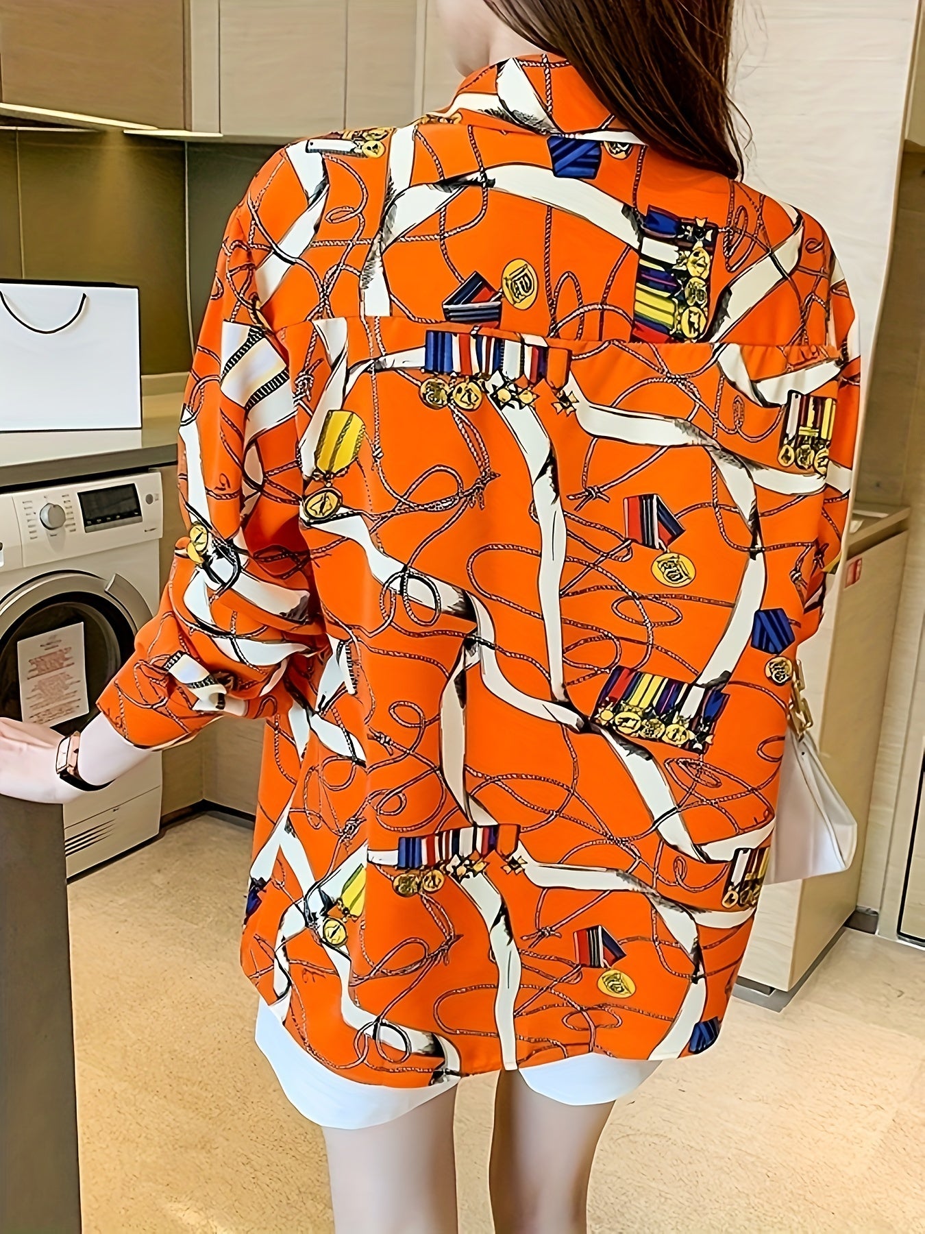Graphic Print Button Front Shirt, Casual Long Sleeve Shirt For Spring, Women&