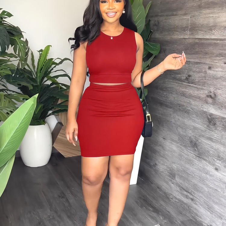 Solid Skirt 2 Piece Set, Casual Crew Neck Tank Top & Bodycon Skirt For Summer, Women&
